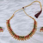 Unique Temple Design Ruby & Green Stone Golden Balls Matte Finish Necklace and Earring Set - Image 2