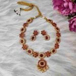 Latest Trendy Ruby & American Diamond Stone with pearls Choker Necklace and Stud Earrings Set - Image 2