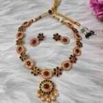 Latest Trendy Green, Ruby & American Diamond Stone with pearls Choker Necklace and Stud Earrings Set - Image 2