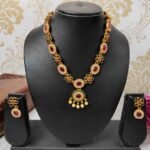 Latest Trendy Green, Ruby & American Diamond Stone with pearls Choker Necklace and Stud Earrings Set