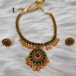 Unique Temple Design Ruby & Green Stone Golden Balls Matte Finish Necklace and Earring Set - Image 2