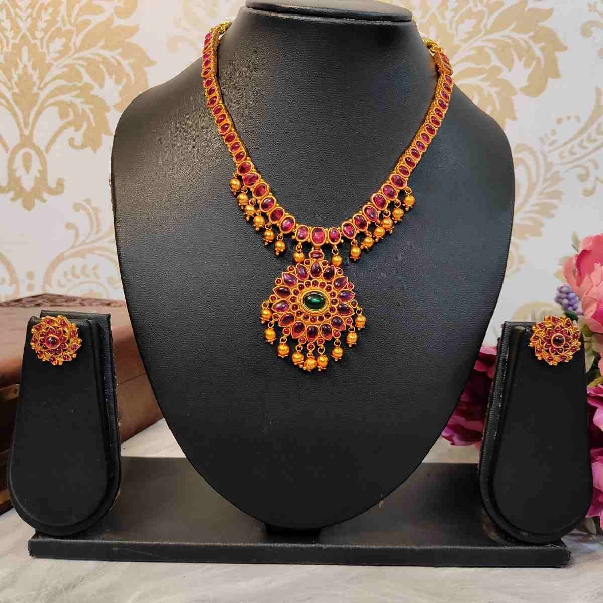 Unique Temple Design Ruby & Green Stone Golden Balls Matte Finish Necklace and Stud Earring Set