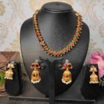 2in1 Ruby, Green Stone with Pearls Reversible Necklace with 2 Jhumka Earrings