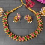 2in1 Ruby, Green Stone with Pearls Reversible Necklace with 2 Jhumka Earrings - Image 2