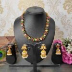 2in1Multicolor with Pearls Reversible Matte Necklace with 2 Jhumka Earrings - Image 2