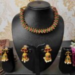 2in1 Ruby, Green Stone with Pearls Reversible Necklace with 2 Jhumka Earrings - Image 3