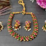2in1 Ruby, Green Stone with Pearls Reversible Necklace with 2 Jhumka Earrings - Image 4