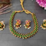 2in1 Ruby, Green Stone with Pearls Reversible Necklace with 2 Jhumka Earrings - Image 5