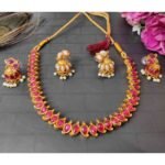 2in1 Ruby, Green Stone with Pearls Reversible Necklace with 2 Jhumka Earrings - Image 2
