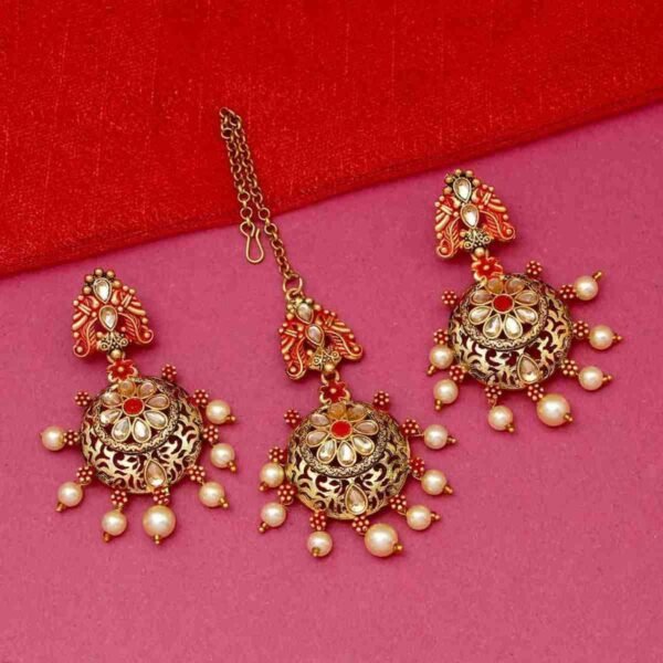 Red Golden Maang Tikka and Earring Set