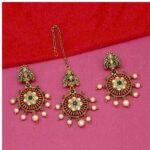 Green & White Kundan Pearl Maang Tika and Earring Set
