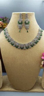 Luxury Emerald Enchant Green Stone Statement American Diamond Necklace Set - SDN1100 - Image 3