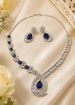 Midnight Aurora Royal Blue American Diamond Designer Statement Necklace Set | SDN1113 - Image 4