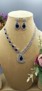Midnight Aurora Royal Blue American Diamond Designer Statement Necklace Set | SDN1113 - Image 2