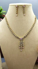 Pink Aura Designer American Diamond Gold-Plated Necklace Set | SDN1120 - Image 3