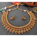Unique Design Red Stone Rajwadi Choker Necklace and Stud Earring Traditional Jewllery Set - Image 2