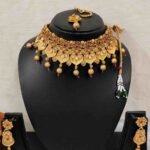 Maroon Stone Choker Dazzling Earring with Maang Tikka Jewellery Set
