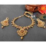 Flower and Leaf Design with Maroon , Grren Stone & Golden Ball Rajwadi Necklace and Earring Set - Image 2