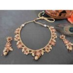 Ruby, White Kundan Flower & Leaf Rajwadi Choker with Earrings Set - Image 2
