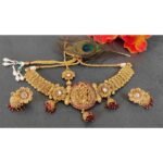 Radha Krishna Temple Rajwadi Broad Choker, Earrings and Maang Tika Bridal & Semi- Bridal Jewellery Set - Image 2