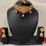 Radha Krishna Temple Rajwadi Broad Choker, Earrings and Maang Tika Bridal & Semi- Bridal Jewellery Set