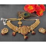 Radha Krishna Temple Rajwadi Broad Choker, Earrings and Maang Tika Bridal & Semi- Bridal Jewellery Set - Image 3
