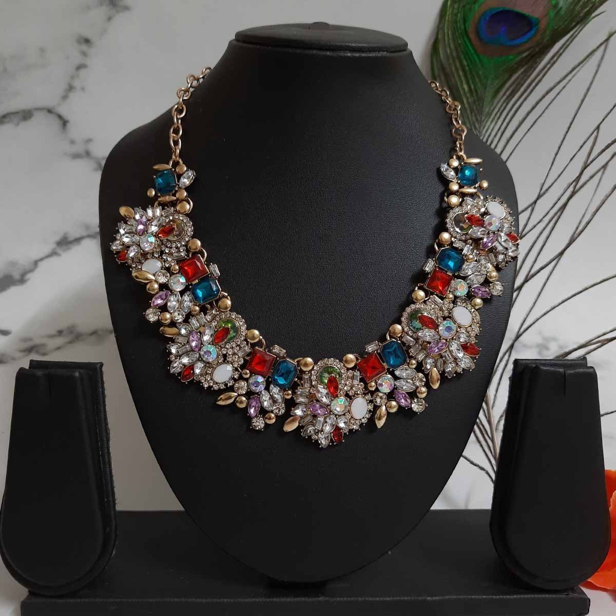 Swanky Diva Luxurious Full Crystal Stylish Multicolor Crystal Stones Choker Neckpiece for Women and Girls