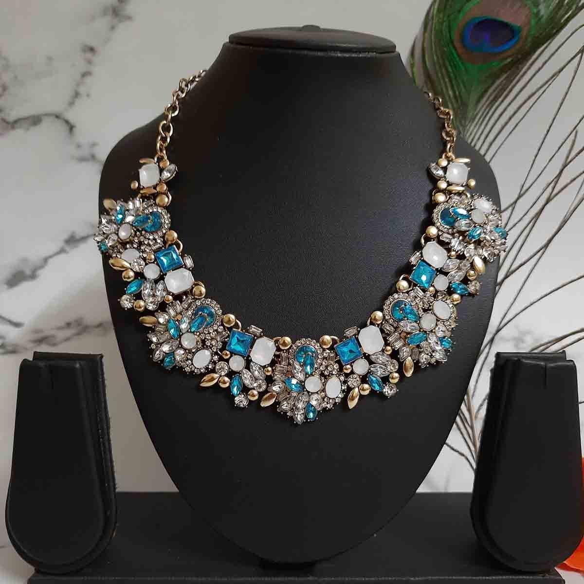 Swanky Diva Antique Exclusive turquoise blue White Crystals Highly Rhodium Plated Necklace ladies jewellery