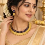 Swanky Diva EMBELLISHED MATTE FINISHED SOUTH INDIAN TEMPLE Blue Ruby Stone Goddess CHOKER , HARAM NECKLACE and EARRINGS BRIDAL AND SEMI BRIDAL SET FOR WOMEN AND GIRLS- SDSTN006BLU - Image 2
