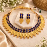 Swanky Diva EMBELLISHED MATTE FINISHED SOUTH INDIAN TEMPLE Blue Ruby Stone Goddess CHOKER , HARAM NECKLACE and EARRINGS BRIDAL AND SEMI BRIDAL SET FOR WOMEN AND GIRLS- SDSTN006BLU