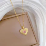 Pink Heart Gold-Plated Pendant Necklace for Women – Sparkling Wing Heart Jewellery SDN1151 - Image 2