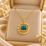 Celestial Blue Planet Pendant Necklace for Women – Gold-Tone Star & Zircon Statement Jewellery | Swanky Diva SDN1150 - Image 2