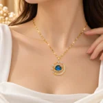 Celestial Blue Planet Pendant Necklace for Women – Gold-Tone Star & Zircon Statement Jewellery | Swanky Diva SDN1150