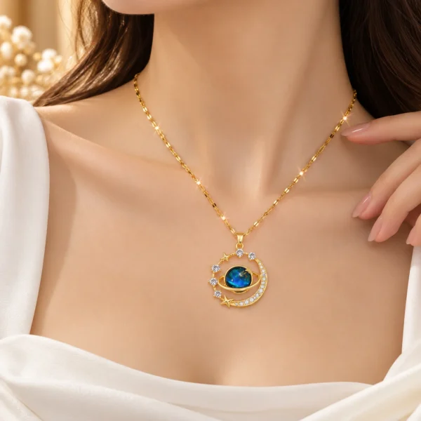 Celestial Blue Planet Pendant Necklace for Women – Gold-Tone Star & Zircon Statement Jewellery | Swanky Diva SDN1150