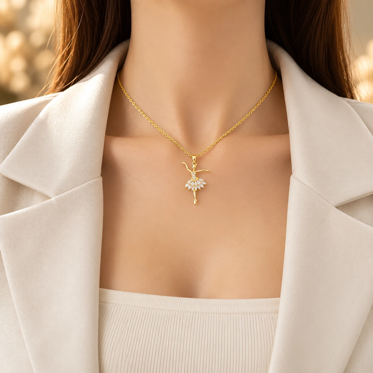 Elegant Gold Ballerina Pendant Necklace Elegant Ballerina Pendant Necklace for Women – Gold-Tone CZ Dance Charm | Swanky Diva SDN1152 - Image 1