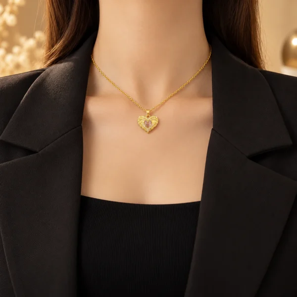 Pink Heart Gold-Plated Pendant Necklace for Women – Sparkling Wing Heart Jewellery SDN1151