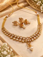 Antique Gold-Plated Kundan & Pearl Necklace Set with Matching Earrings – Wedding & Festive Jewellery SDN1176