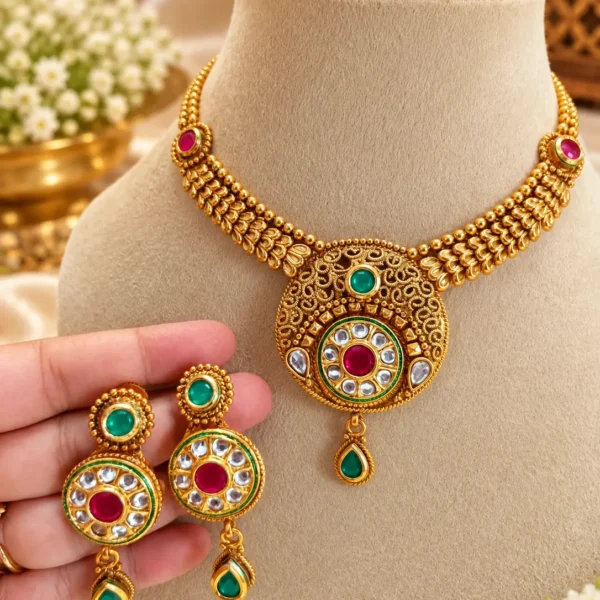 Ruby Emerald Kundan Necklace Set with Earrings | Swanky Diva SDCN016