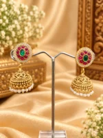 Royal Kempu Heritage Jhumka Earrings – Matte Gold-Plated Red & Green Stone Earrings - SDE1103 - Image 2