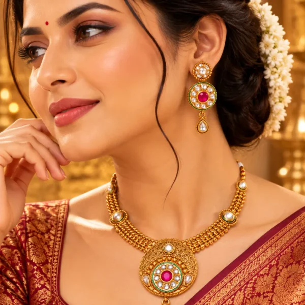 Royal Kundan Gold-Plated Necklace & Earrings Set – Ruby Statement Jewellery SDCN017