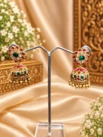 Royal Kempu Heritage Jhumka Earrings – Matte Gold-Plated Red & Green Stone Earrings -SDE1104 - Image 2