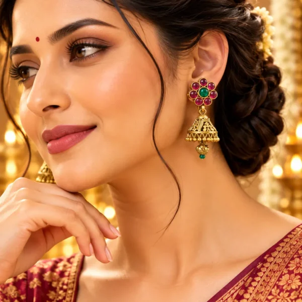 Royal Ruby & Emerald Stone Gold-Plated Jhumka Earrings – Traditional Festive & Wedding Wear | Swanky Diva SDE1107