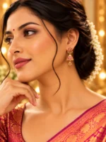 Ruby Red Floral American Diamond Jhumka Earrings – Gold-Plated Matte Finish | Swanky Diva SDE1112 - Image 2