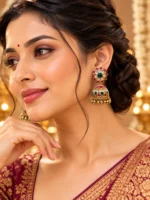 Royal Kempu Heritage Jhumka Earrings – Matte Gold-Plated Red & Green Stone Earrings -SDE1104