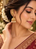 Swanky Diva Matte Gold-Plated Peacock Earcuff Jhumka Earrings – Green & Maroon Stone Statement Jewellery SDE1101 - Image 2