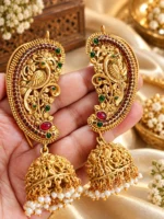 Swanky Diva Matte Gold-Plated Peacock Earcuff Jhumka Earrings – Green & Maroon Stone Statement Jewellery SDE1101 - Image 3