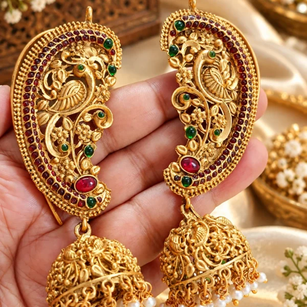 Swanky Diva Matte Gold-Plated Peacock Earcuff Jhumka Earrings – Green & Maroon Stone Statement Jewellery SDE1101