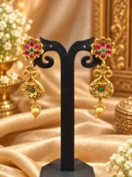 Royal Ruby & Emerald Stone Antique Gold-Plated Statement Earrings -SDE1105 - Image 2