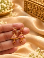 Ruby Red Floral American Diamond Jhumka Earrings – Gold-Plated Matte Finish | Swanky Diva SDE1112 - Image 3