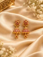 Ruby Red Floral American Diamond Jhumka Earrings – Gold-Plated Matte Finish | Swanky Diva SDE1112